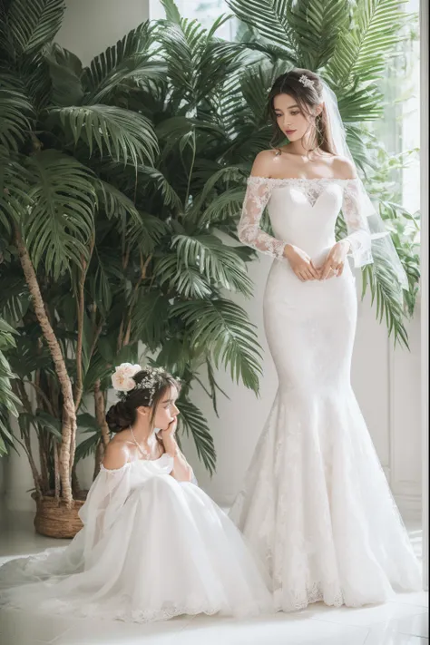 Best quality, 8k, 32k, Masterpiece, Masterpiece, (Photorealistic: 1.4), RAW photo, ultra realistic, 1girl, full body, wearing a white mermaid wedding dress, off-shoulder, floor-length style, chantilly lace fabric, Take product photos in white room with ind...