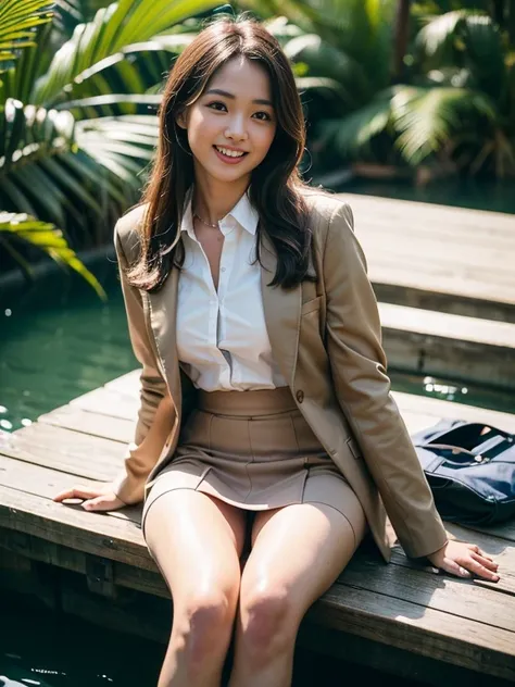 ((top-quality、in 8K、​masterpiece:1.3、Raw photo))、Super high quality photos, ((Aerial Photography)), On a small boat sailing through a tropical jungle, ((Wearing a business suit with jacket and skirt)), ((Beautiful Japanese woman sitting on a boat)),((Wear ...