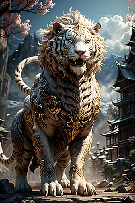 best quality，tmasterpiece，超高分辨率，1（long：1.2），（finely：1.2），the white tiger，chinese totem white tiger，chineseidol，ancient divine be...