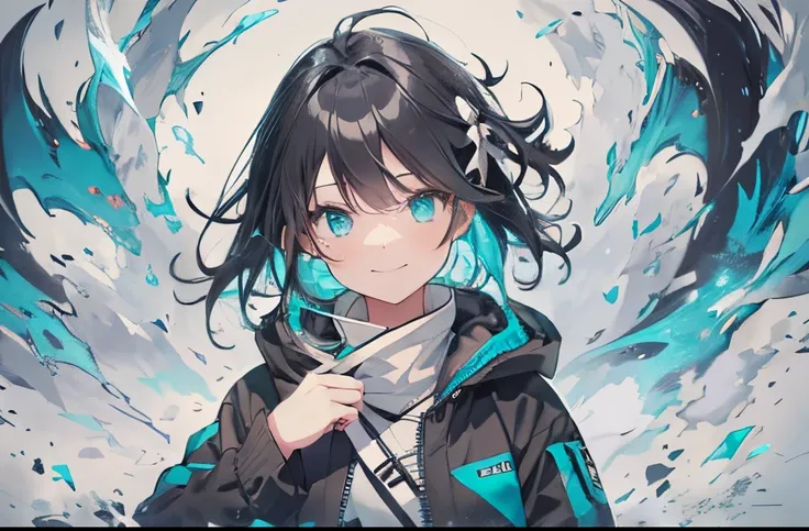 【Highest Quality, masutepiece】,Manteau, expressioness, front facing,1 girl in, Turquoise eyes,  jet-black hair, Jacket (Gray white background:1.4), (Night sky background:1.3),Smile,