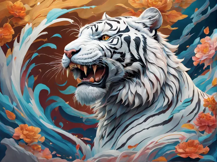 ((roaring white tiger)),profile,Tiger God,云,Vibrating air,undulation,irate,Otakebi,Powerfully,Abstract background,, Vibrant colors, Intricate details. Highly detailed, Dynamic Pose, Complex motifs,, Digital Painting, art  stations, Concept art, Smooth, Sha...