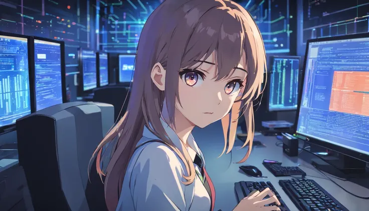 Upper body shot, Long shot, master peace, High-quality, (Wide-angle), Dark lighting, Large server room with a large number of servers and PCs and monitors, A hacker Female using a smartphone, (Perfect face, Detailed face, Detailed eyes, Perfect hands), sit...