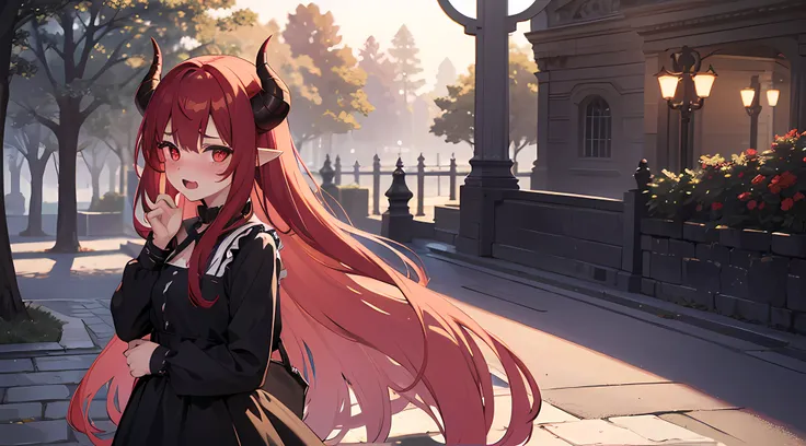 (1 demon girl), front lighting, demon horns, beautiful princess dress, detailed face, walking in the middle of park on daytime, red hair, black hairpins, (blushing: 1.5), open mouth, hand, licking finger, heart eyes, (half body:0.6), front lighting, 8k, ma...