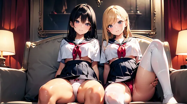 (top-quality,High resolution,(Ultra high definition,4K), (超A high resolution,in 8K),masutepiece:1.2), (Perfect Anatomy,Anatomically accurate), (Angle from below), (Soft lighting, 光线追踪), (Two cute high school girls), (Close one eye, winc), ((Sitting on a so...