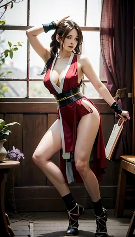 mai shiranui, Brown eyes, Full body portrait, Toes are visible, Standing, Full body, Prestige, Long hair, Brown hair, White ribbon, Sleeveless, poneyTail, sash, pelvis curtain, arm guards, mitts, tabi, fascinated expression, Sexy eyes, medium breasts, Smil...