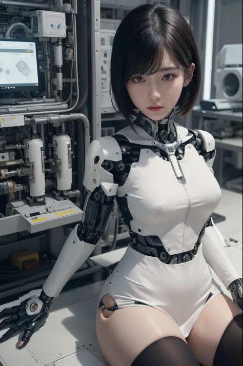 masterpiece, best quality, extremely detailed, (photorealistic:1.4),(RAW photo) (8K, 4K, Best Quality, hight resolution, 超A high resolution:1.1), (masutepiece, Realistic, Photorealsitic:1.1), 1girl in, Japaese Cyborg Girl,Plump ,navy pleated miniskirt,blac...