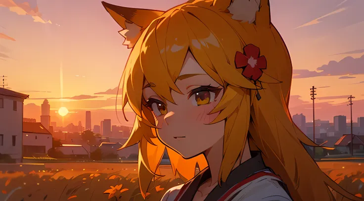 A  girl, Fox ears, field, orange flowers. super detailed, detailed ears, Detail Eyes, girl 4K, Detailed flowers, beautiful clouds, detailed blocks, beautiful buildings, Beautiful city, Beautiful sunset, detailed city, detailed sunset, detaled face, beatifu...