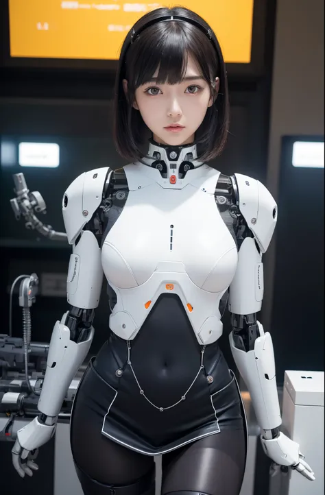 masutepiece, Best Quality, Extremely detailed, (Photorealistic:1.4),(Raw photo) (8K, 4K, Best Quality, hight resolution, 超A high resolution:1.1), (masutepiece, Realistic, Photorealsitic:1.1), 1girl in, Japaese Cyborg highschool Girl,Plump ,Navy Pleated Min...