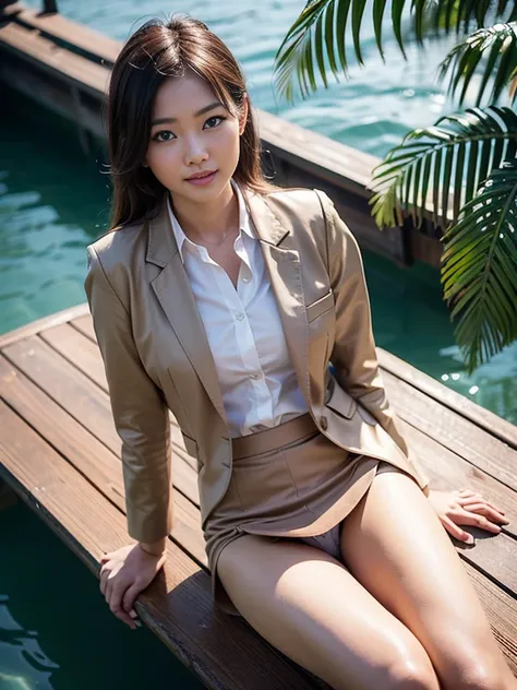 ((top-quality、in 8K、​masterpiece:1.3、Raw photo))、Super high quality photos, ((Aerial Photography)), On a small boat sailing through a tropical jungle, ((Wearing a business suit with jacket and skirt)), ((Beautiful Japanese woman sitting on a boat)),((Wear ...