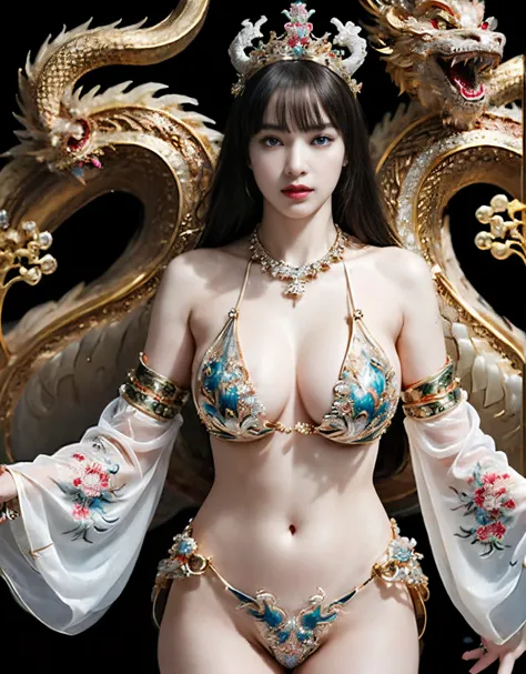 (heavy breasts)、top-quality、​masterpiece、超A high resolution、（Silver Dragon Armor）、(((Colossal tits))),dragon armor、(((large floral ornament on the head))),(((Detailed Micro Bikini))),(Wearing a beautiful crown made of jewels),(Photorealsitic:1.4)、Raw photo...