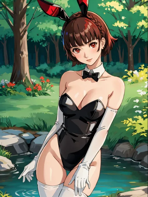 makoto nijima, blunt bangs, braid, brown hair, crown braid, (red eyes:1.3), short hair,, 1girl, solo, breasts, looking at viewer, blush, large breasts, nature, pond, trees, park, long white elbow satin gloves, holding, animal ears, cleavage, bare shoulders...