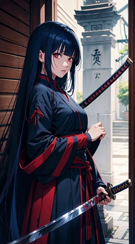 Calidad Ultra, Obra maestra, anime, 2d, 1girl, dark blue hair, blunt bangs, long hair, dark crimson eyes, imai_nobume, blood on clothes, Katana,