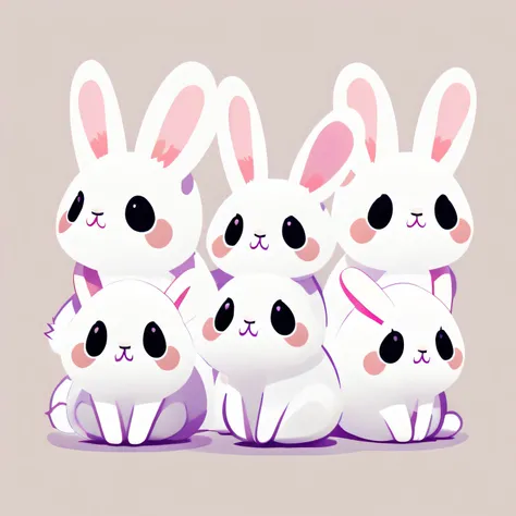 a sticker、group of cute rabbits、simple background、