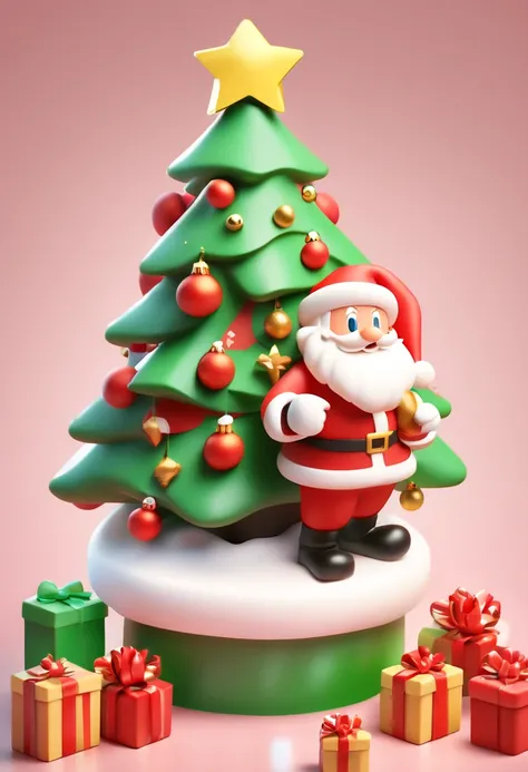 Disney style,Christmas, cartoon Christmas man, red clothes, there is a green Christmas tree next to it,3D icon, clay material isometric, 3D rendering, smooth ashiny! Cute girly style,white background,realistic use of light and color, soft gradient,  Ninten...