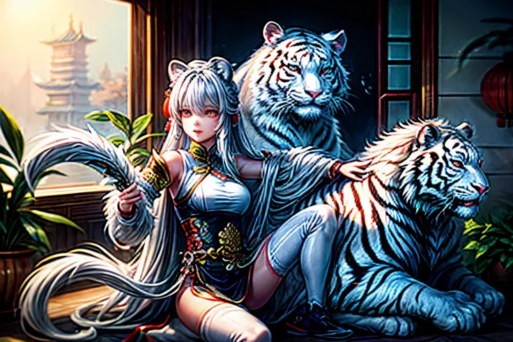 Chinese legend, the White Tiger of the West and 1 goddess --ar 3:2