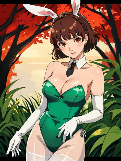 makoto nijima, blunt bangs, braid, brown hair, crown braid, (red eyes:1.3), short hair,, 1girl, solo, breasts, looking at viewer...