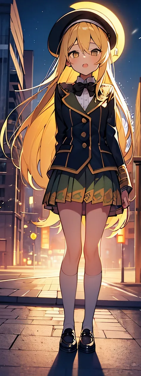 1girl. yellow hair.long hair.short stature. small breast.skirt. (((masterpiece))).(((best quality))).)((ultra-detailed))).(((illustration))).(((night view))).student clothes.magic circles.open mouth.Sad face.beret.up chest.highrise buildings.In the street.