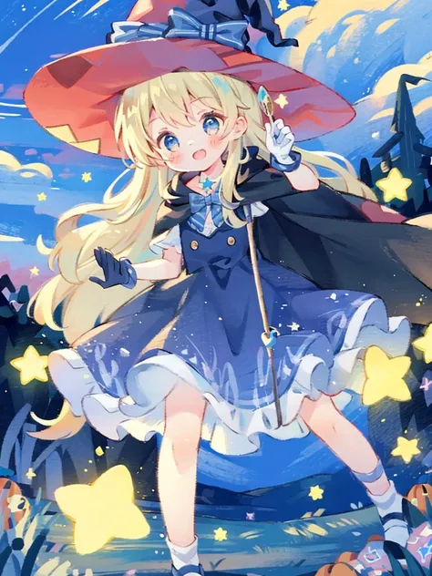 ((masterpiece:1.2, best quality)), 1girl, solo, (witch hat), a close up of a girl with curly hair, dress, aurora, night, star (sky), gloves, sky, dress, night sky, open mouth, starry sky, light blue eyes, ribbons, smile, cape, colorful hair, magic, casting...