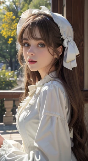 （8K， RAW Photos， best qualtiy， tmasterpiece：1.2），White costume,（realisticlying， photos realistic：1.4)
Lolita costume，takeout,hightquality， highdetailskin， looking at viewert，striated hair,Green eyes,Light brown hair,