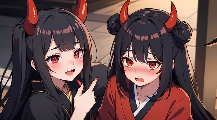 (1 demon girl), front lighting, demon horns, red kimono, detailed face, walking in suburbs area at year 1800, black hair, black hairpins, (blushing: 1.5), open mouth, hand, licking finger, heart eyes, (half body:0.6), front lighting, 8k, masterpiece, ultra...