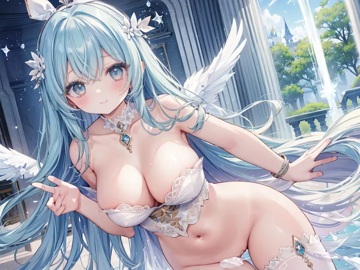 1 woman、Radiant hair、fluffy and soft hair、Sparkling eyes、爆乳、Too large breasts、Seductive breasts、Sheer underwear、Tiara of the Goddess、goddess god々Feeling、lace cape、aquamarine choker、Castle Room、Long Lace Bale、Ruffles and ribbons、A smile、The upper part of th...