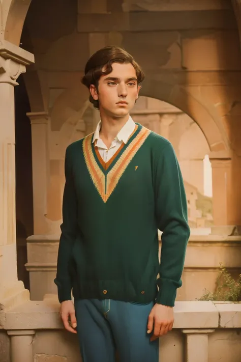 1965, Italy. Pre-raphaelite ((((18-year-old)) Gigi)), rascal young man, giving a speech, in a roman anphitheatre, ruins, ((((rascal casual Clothing from the 1960s, sweater)))), ((Hairstyle of the 1960s)), ((Wes Anderson cinematic style)), colorful