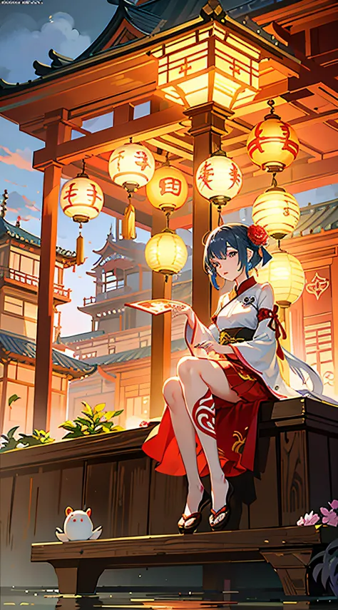 Anime girl in traditional clothing sitting on bench in front of pagoda, Artgerm and Atey Ghailan, Guviz-style artwork, guweiz on pixiv artstation, guweiz on artstation pixiv, palace ， A girl in Hanfu, Artie Guéland 8K, Hot Topics on artstation pixiv Woman ...