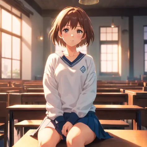 ((of the highest quality, 8K,Raw photo)), (Realistic, Photorealistic: 1.37), (Face Focus: 1.1), Small breasts, flat chest, Short hair, A Japanese Lady、High school students、Japan school uniform、(white sweatshirt: 1.1)、Skirt, Sitting, Arms up, From below, Su...