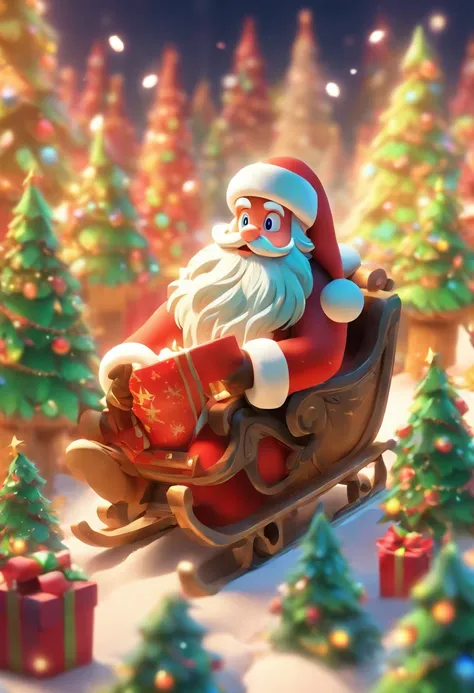 Disney style,Christmas, cartoon Christmas man, red clothes, At night, on the snow, Santa Claus stood on a sled, carrying a large brown sack filled with gifts. Several green Christmas trees grew around him,3D icon, clay material isometric, 3D rendering, smo...