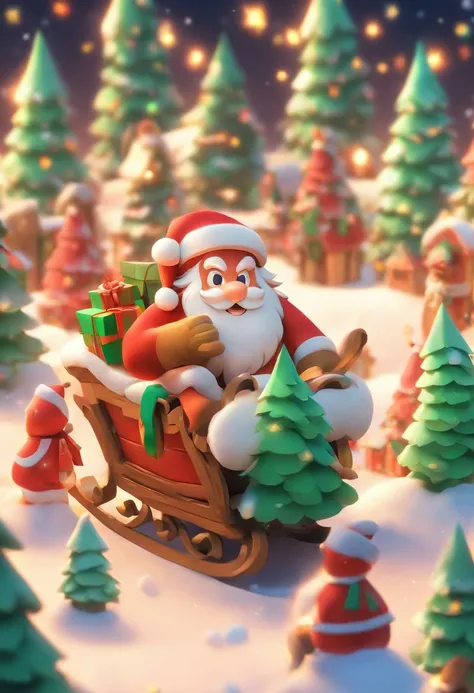 Disney style,Christmas, cartoon Christmas man, red clothes, At night, on the snow, Santa Claus stood on a sled, carrying a large brown sack filled with gifts. Several green Christmas trees grew around him,3D icon, clay material isometric, 3D rendering, smo...