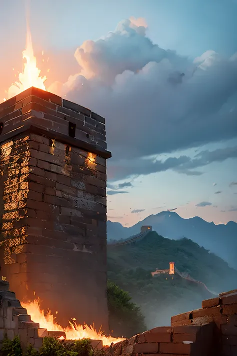 the great wall，beacon，binh，on fire