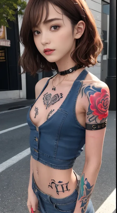 ((medium breast, tomboy girls, small head)),  (chiseled abs : 1.1), (perfect body : 1.1), (short wavy hair : 1.2) , auburn hair, collar, chain, full body shot, crowded street, wearing black tanktop, jeans jacket, (torn clothes:1.3)((shorts)), (extremely de...