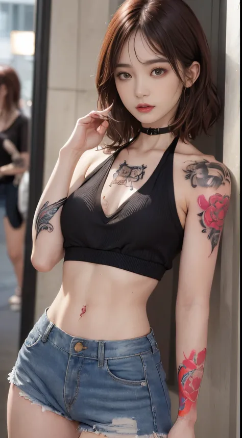 ((medium breast, tomboy girls, small head)),  (chiseled abs : 1.1), (perfect body : 1.1), (short wavy hair : 1.2) , auburn hair, collar, chain, full body shot, crowded street, wearing black tanktop, jeans jacket, (torn clothes:1.3)((shorts)), (extremely de...