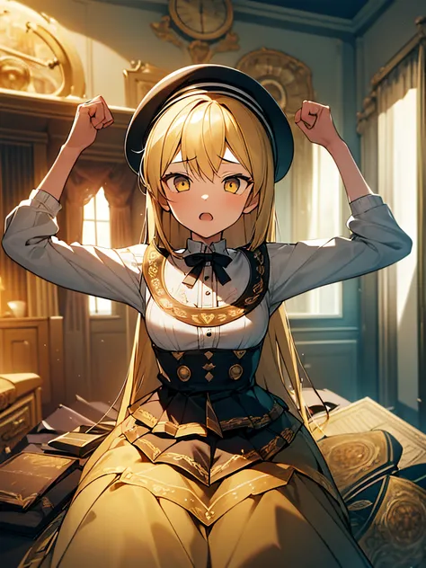 1girl. yellow hair.long hair.short stature. small breast.skirt. (((masterpiece))).(((best quality))).)((ultra-detailed))).(((illustration))).(((a room))).student clothes.magic circles.open mouth.Sad face.beret.up chest.Sit up.Bend your elbows.Clench your f...