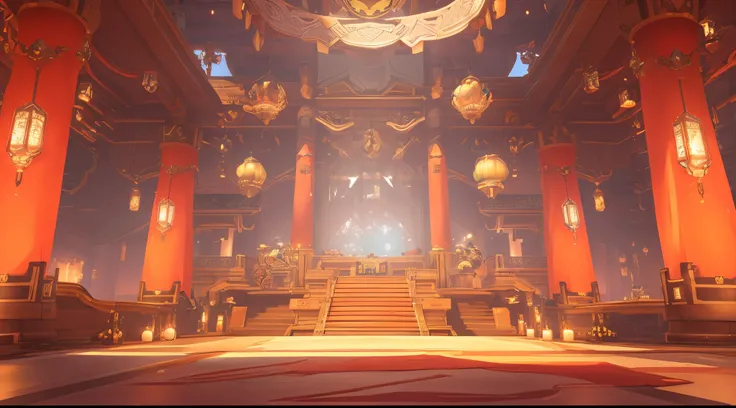 Araf room with big red carpet and big chandelier, Overwatch screenshots, overwatch building, from overwatch, officla《overwatch》art for the game, G Liulian art style, overwatch design, video game environment design, rustic throne room, arena background, dec...