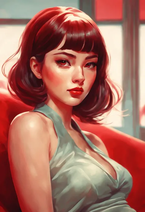 Close up portrait of woman sitting on red sofa, retro anime girl, artgerm and ilya kuvshinov, digital art ilya kuvshinov, ilya kuvshinov and artgerm, Art styles : Ilya Kuvshinov, comic pinup style, cartoon artstyle, girl pinup, satoshi kon artstyle, beauti...