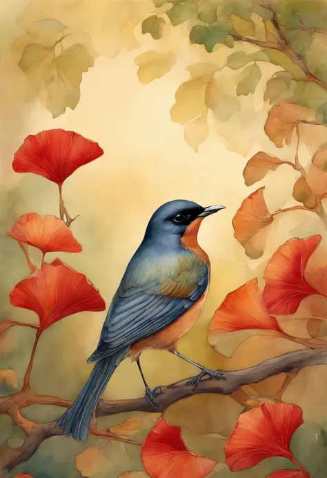 illustration of a bird, watercolour, red Robin, gingko, art noveau