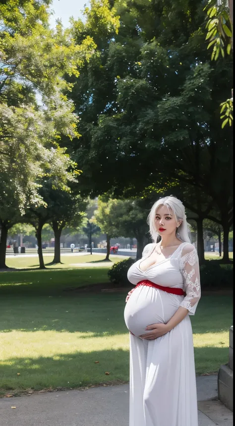 1 mothers, old lady , white hair, tied hair, red lips, red eyes,heavy breasts, big breasts, huge breasts , massive breasts , enormous breasts, juicy breasts, ((huge pregnant:1.2)), lace nightgown, narrow dress, take a walk in a park full of people enjoying...