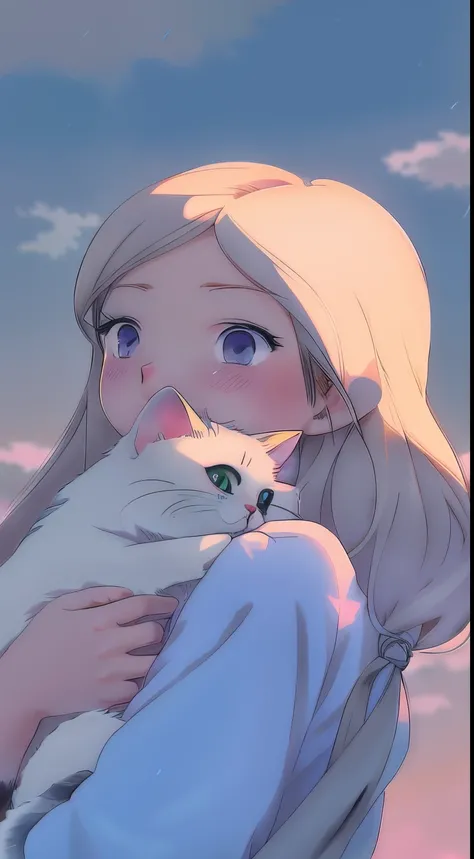 anime girl holding a cat in her arms with a sky background, beautiful anime catgirl, cute anime catgirl, very beautiful cute catgirl, anime catgirl, white cat girl, very beautiful anime cat girl, anime cat, soft anime illustration, anime visual of a cute c...