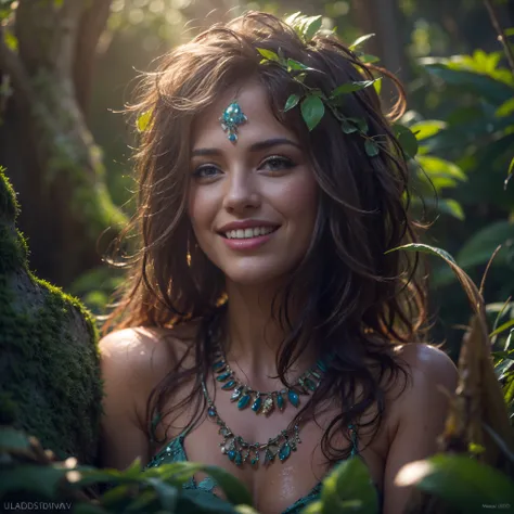 (Best quality, 8k, 32k, Masterpiece, UHD:1.2) water nymph welcomes you to her private lagoon, deep in the woods, jewelry, clothed, sfw, central europe, closeup, smile