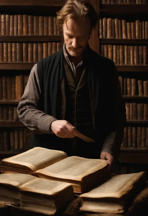 A photo of Remus meticulously organizing a collection of ancient scrolls and tomes, carefully arranging each one on the shelves with focused precision.,Harry Potter and the Prisoner of Azkaban,Remus has light brown hair, wears shabby robes, and has a claw ...