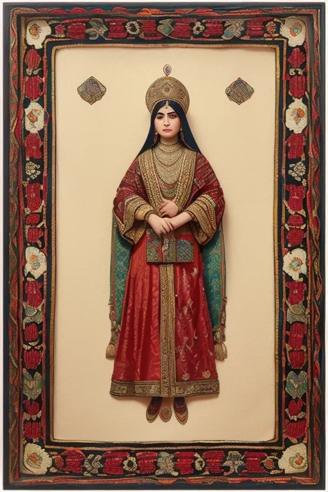 ((top view)) , persian qajar period woman , ((20 years old)) ,   in traditional yellow and red clothes include (((fish pattern o...