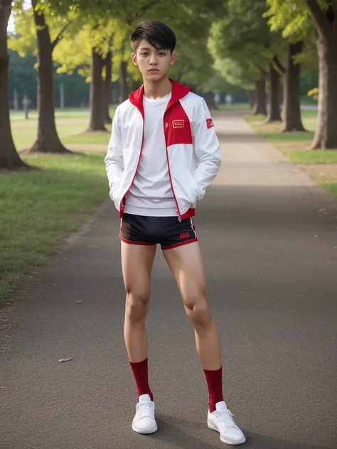 16 years old teenagers , very young , light-skin , wearing an dark red sexy underwear, tmasterpiece，k hd，the feet，Transparent sports vest，semi transparent，black long socks，The barefoot , red colour , handsome and cute , extreme cute boy , white skin , dark...