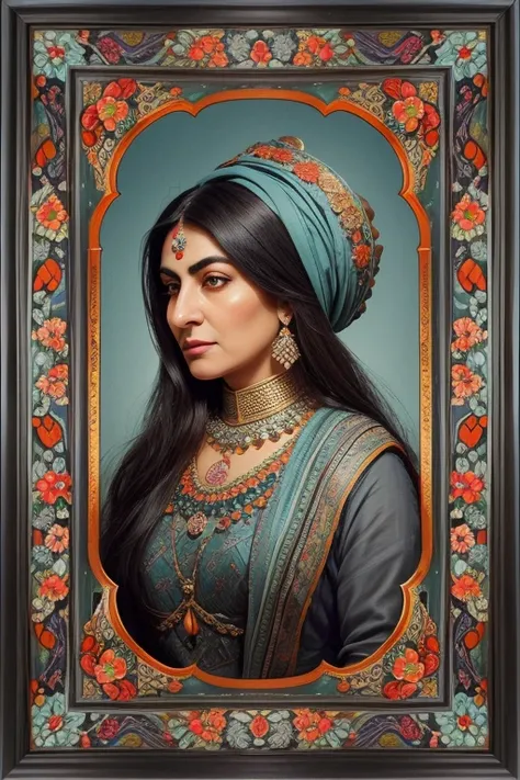 Persian Qajar period woman , ((50 years old)) , heavy wrinkle on face , (gray and dark hair) ,  in traditional teal and orange clothes , fish pattern on clothes , background contains painting of nightingale among orchid and tulip flowers, floral frame , ((...