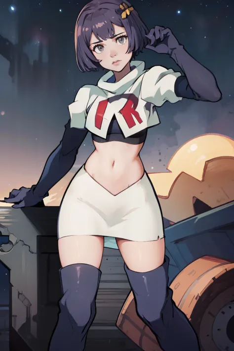 warBernie, hair bow, grey eyes, purple hair, team rocket uniform, red letter R, white skirt,white crop top,black thigh-high boots, black elbow gloves, looking at viewer, cowboy shot, sexy pose , night sky background