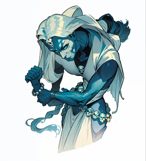 Um homem com rosto de caveira segurando duas adagas Ele tem cabelo branco longo ((pele azul)) (Estilo mystique x man)) Ele tem a pele azul igual a da Mistica, personagem da serie X man. He is gloomy. Uma arte para um jogo de rpg ((melhor qualidade))