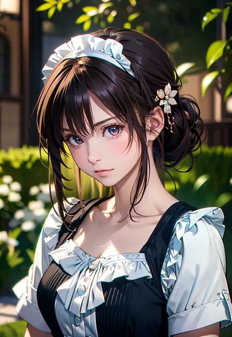 8K, of the highest quality, masutepiece:1.2), (Realistic, Photorealsitic:1.37), of the highest quality, masutepiece, Beautiful young woman, Pensive expression,、A charming、and an inviting look, Cute Maid Clothes, Hair tied back, Cinematic background, Light ...