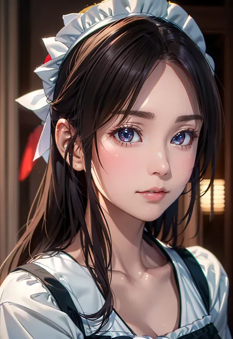 8K, of the highest quality, masutepiece:1.2), (Realistic, Photorealsitic:1.37), of the highest quality, masutepiece, Beautiful young woman, Pensive expression,、A charming、and an inviting look, Cute Maid Clothes, Hair tied back, Cinematic background, Light ...