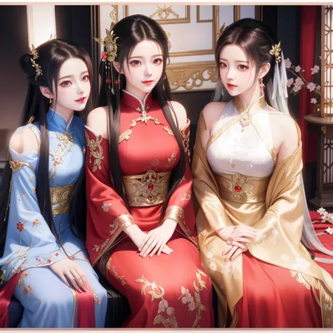 Close-up of several long-haired women wearing red and white dresses，Beautiful and seductive anime woman，beautiful fantasy queen，Inspired by Du Qiong，Seductive portrait of Tifa Lockhart，（（beautiful fantasy empress）），seductive anime girls，Vivid expressions，s...