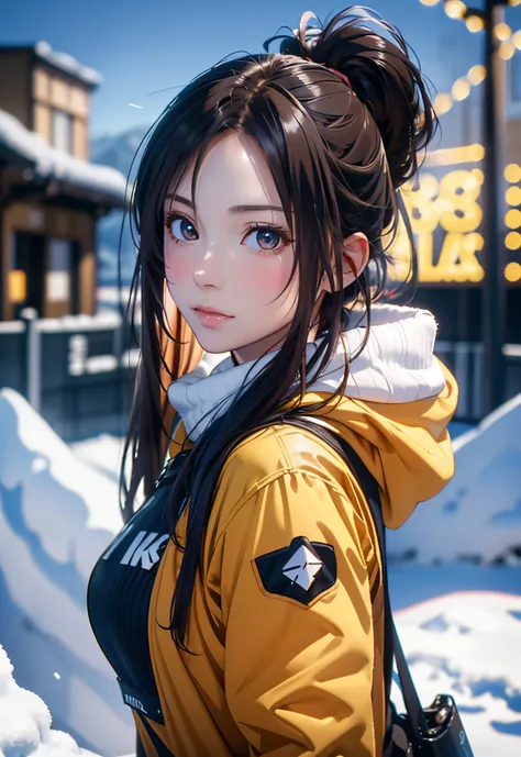 8K, of the highest quality, masutepiece:1.2), (Realistic, Photorealsitic:1.37), of the highest quality, masutepiece, Beautiful young woman, Pensive expression,、A charming、and an inviting look, skiing、snowboarder、Ski Wear, Hair tied back, Cinematic backgrou...